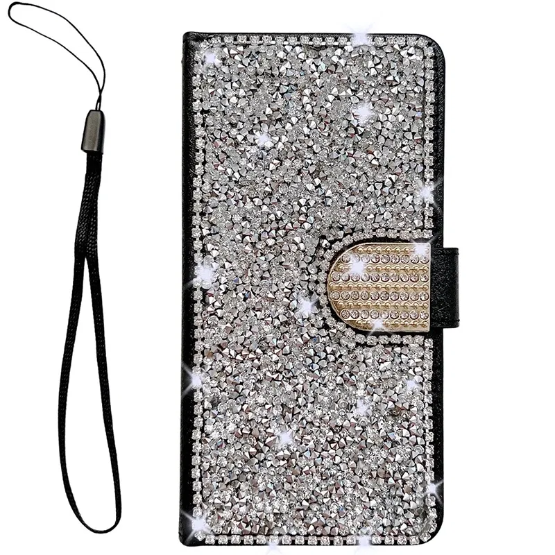 Color: black, Material: POLYESTER - Glitter Diamond Wallet Leather Case For Samsung Galaxy A14 A15 A16 A35 A55 A34 A54 S25 Ultra S24 FE S23 S22 S21 S20 Plus