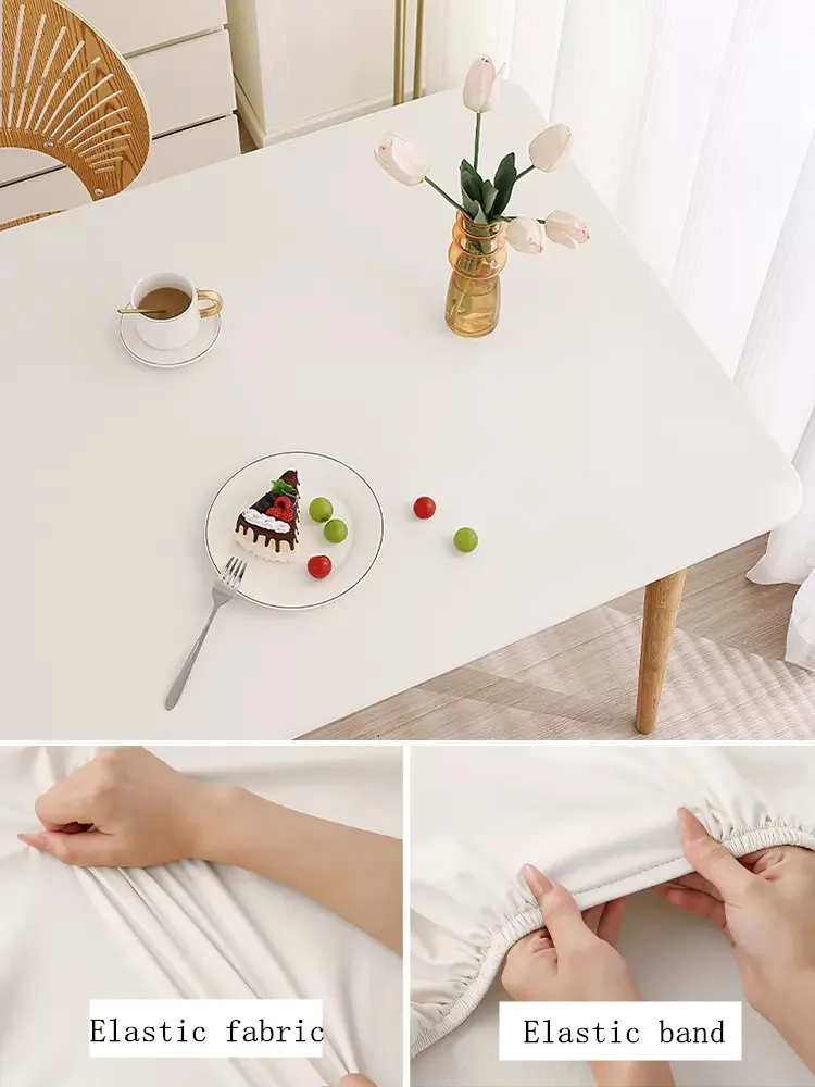 Color: WHITE, Specification: 80*80cm - Solid color PU leather table cover fixable elastic tablecloth waterproof round square Table cloth custom table protector