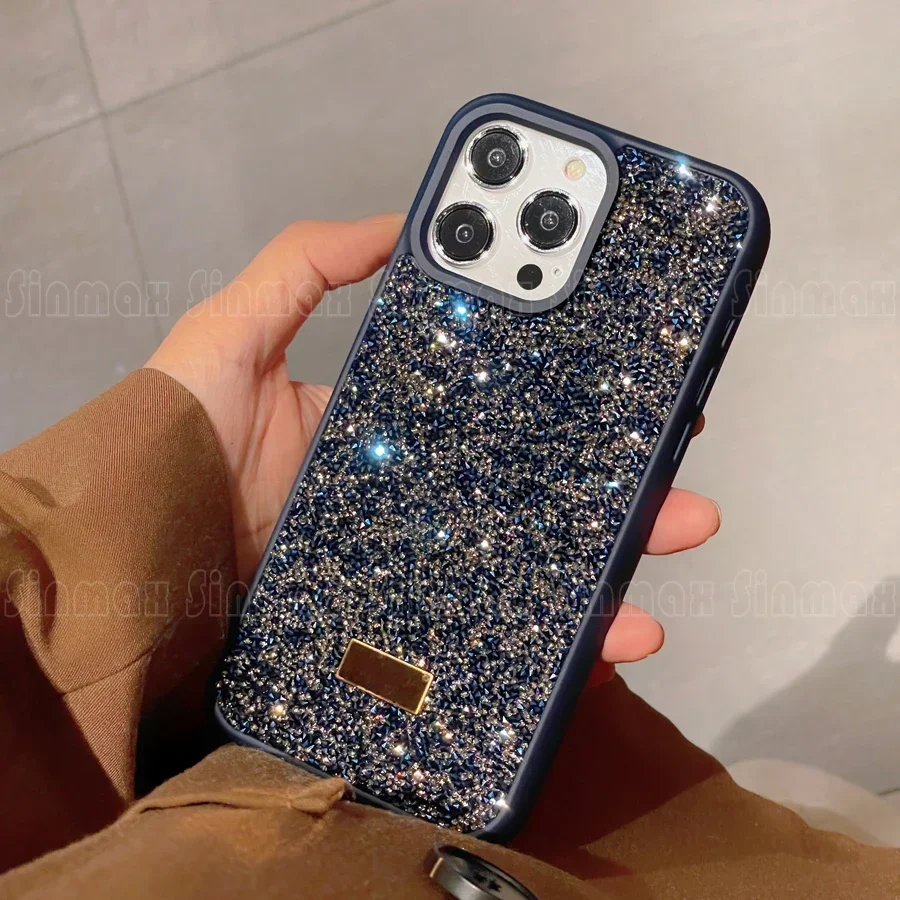 Color: Dark Blue, Material: CANVAS - Bling Glitter Phone Case For iPhone 16 15 14 13 12 Pro Max 11 Vogue Protective Soft Diamond Cover Coque Funda