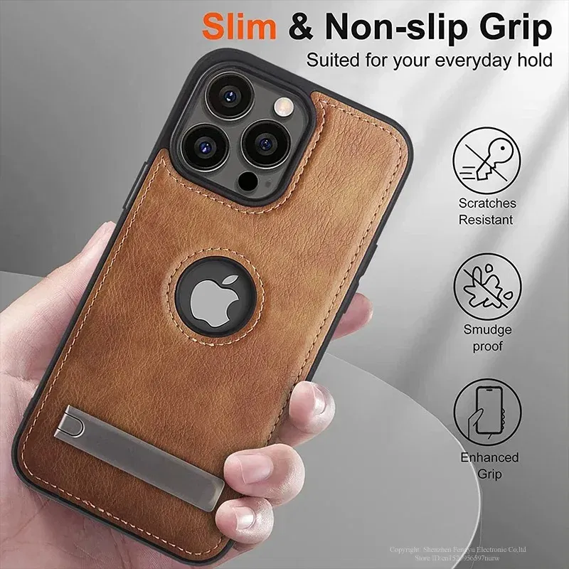 Color: Beige, Material: GENUINE LEATHER - PU Leather Kickstand Phone Cases for iPhone 15 Pro Max 14 Plus 11 13 12 Mini Mobile Case with Holder Luxury Slim Shell Cover