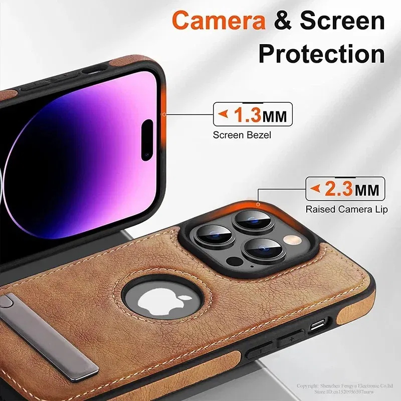 Color: Beige, Material: GENUINE LEATHER - PU Leather Kickstand Phone Cases for iPhone 15 Pro Max 14 Plus 11 13 12 Mini Mobile Case with Holder Luxury Slim Shell Cover