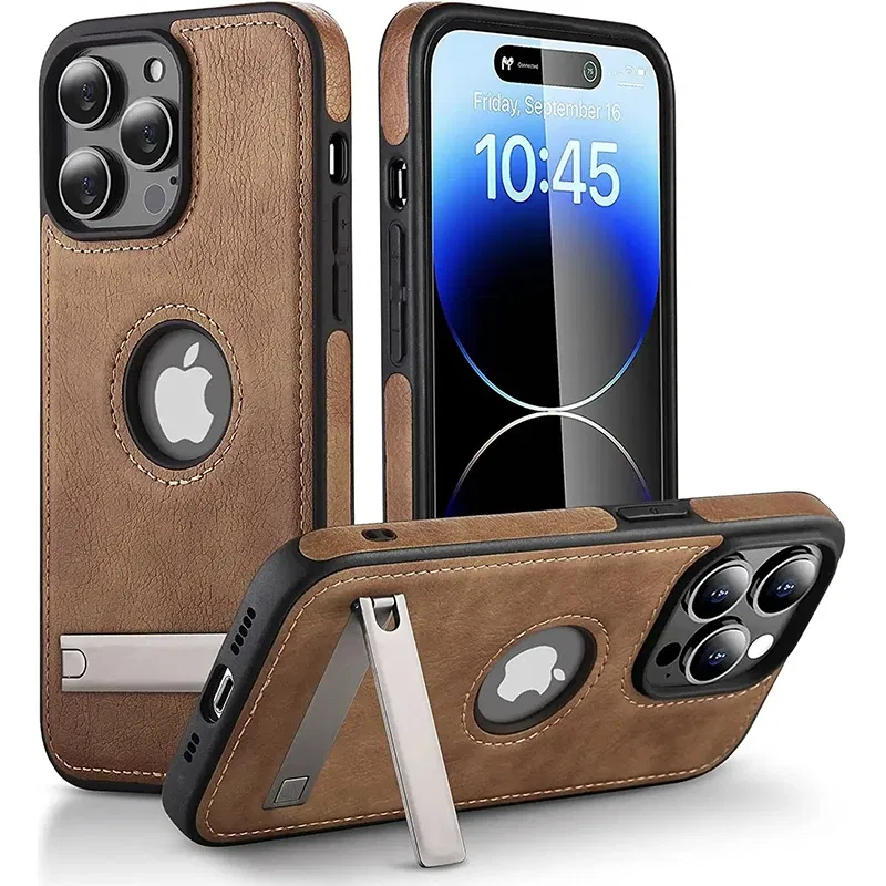 Color: Beige, Material: GENUINE LEATHER - PU Leather Kickstand Phone Cases for iPhone 15 Pro Max 14 Plus 11 13 12 Mini Mobile Case with Holder Luxury Slim Shell Cover