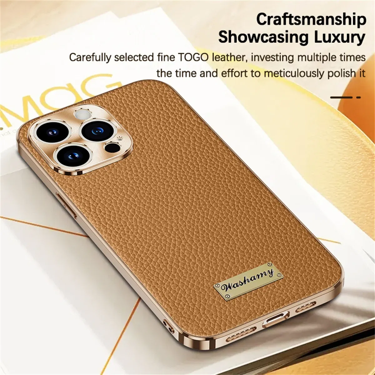 Color: Brown, Compatible-Phone Models: For iPhone 16 - Luxury Genuine Leather Phone Case For iPhone 15 14 13 Pro Max Plating Soft Silicone Frame Shockproof Cover For iPhone 16 Pro Max