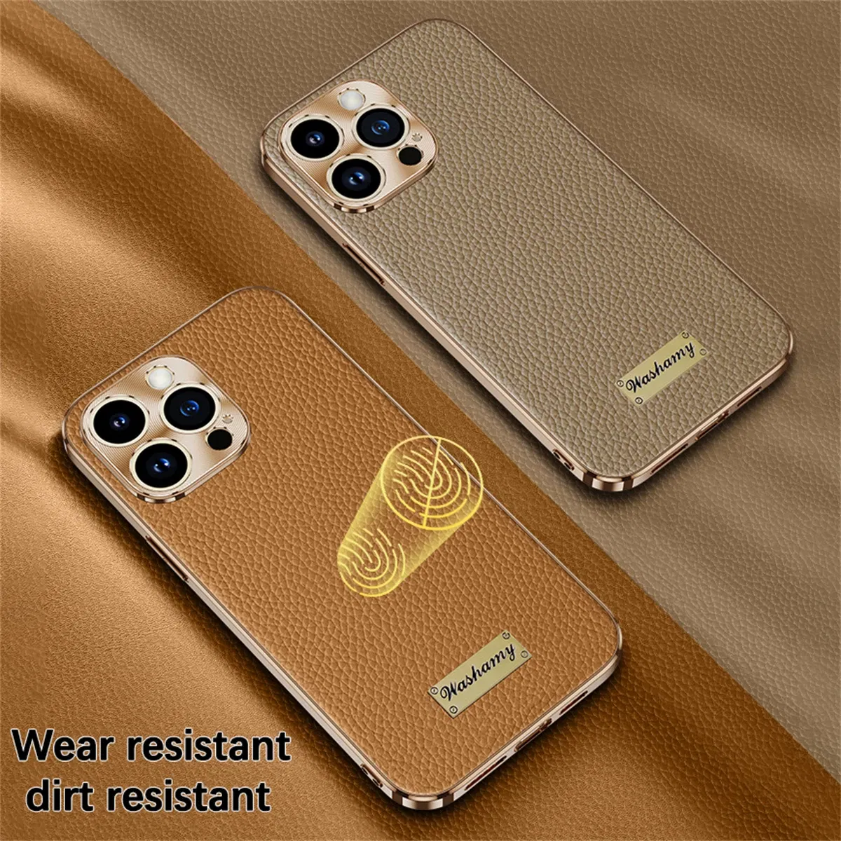 Color: Brown, Compatible-Phone Models: For iPhone 16 - Luxury Genuine Leather Phone Case For iPhone 15 14 13 Pro Max Plating Soft Silicone Frame Shockproof Cover For iPhone 16 Pro Max