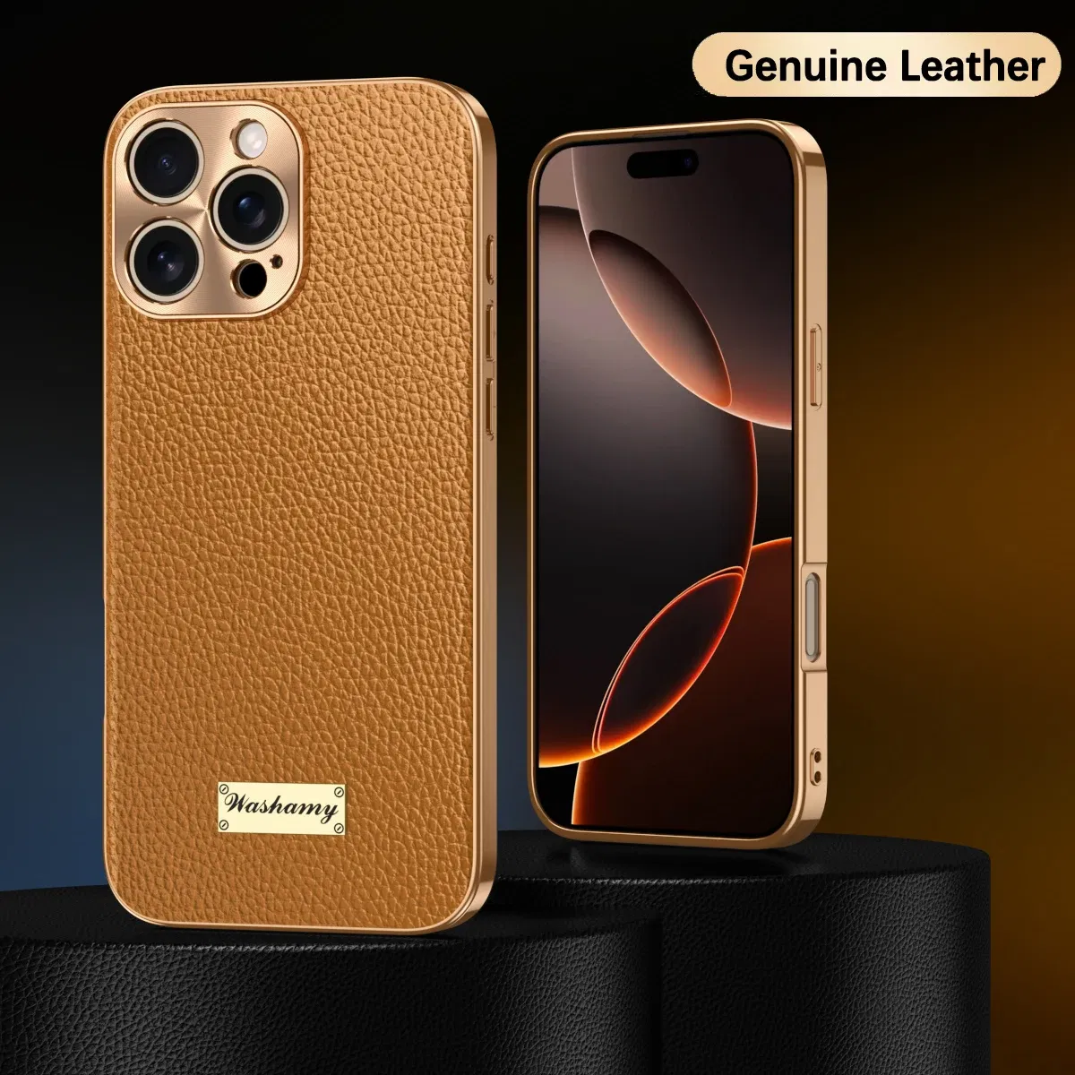 Color: Brown, Compatible-Phone Models: For iPhone 16 - Luxury Genuine Leather Phone Case For iPhone 15 14 13 Pro Max Plating Soft Silicone Frame Shockproof Cover For iPhone 16 Pro Max