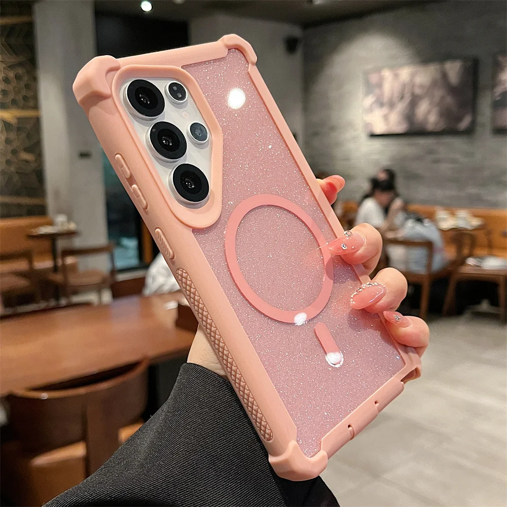 Color: black, Compatibility by Model: Galaxy S25 - For Magsafe Clear Armor Bumper Glitter Phone Case For Samsung S25 Ultra S24 Plus Wireless Charging Shockproof Protective Cover