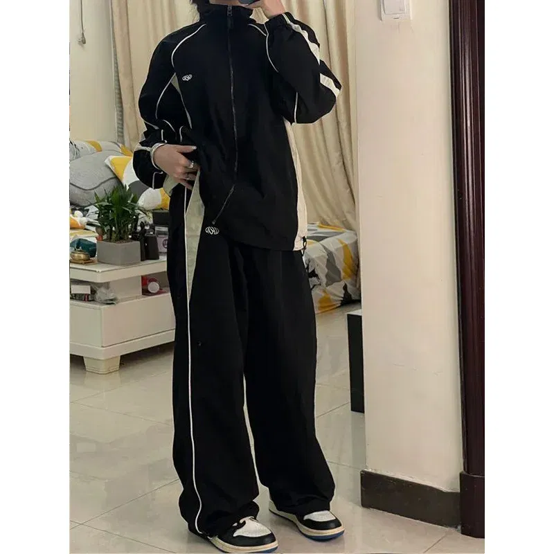 Color: black, Size: L - Women Spring Retro Solid Loose Drawstring Trousers Casual Joggers Baggy Wide Leg Sweatpants Mid Waist Sporty Y2k Female Clothes