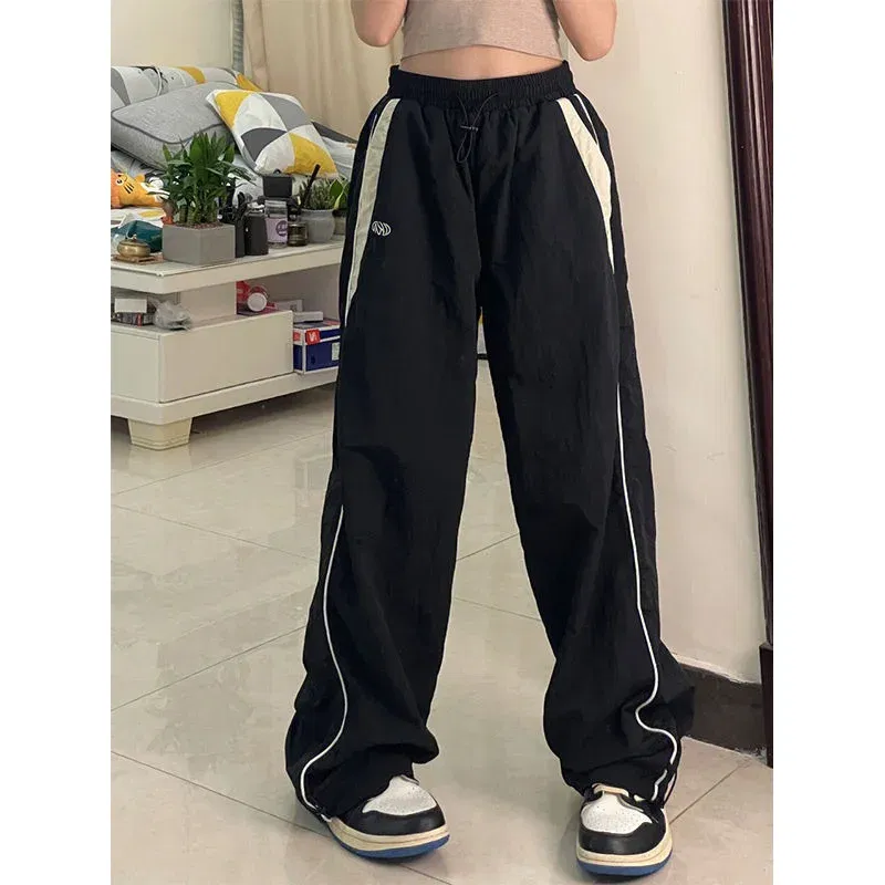 Color: black, Size: L - Women Spring Retro Solid Loose Drawstring Trousers Casual Joggers Baggy Wide Leg Sweatpants Mid Waist Sporty Y2k Female Clothes