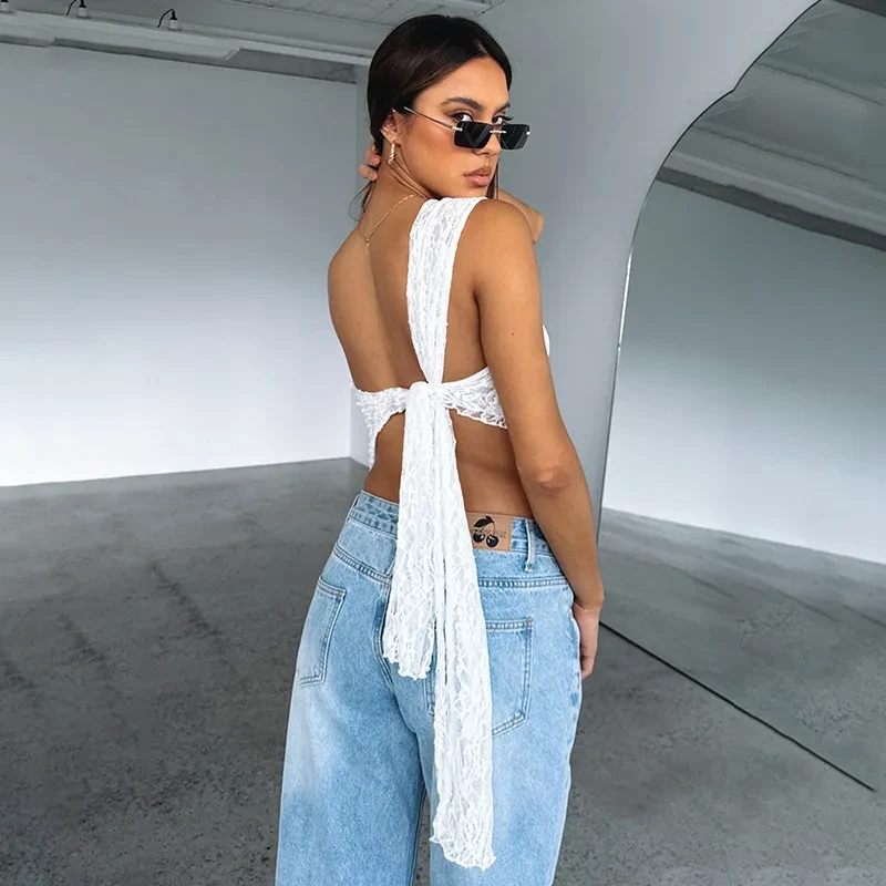 Ins Lace Backless Top Summer Solid Color Waistless Asymmetrical Sloped Neck Vest
