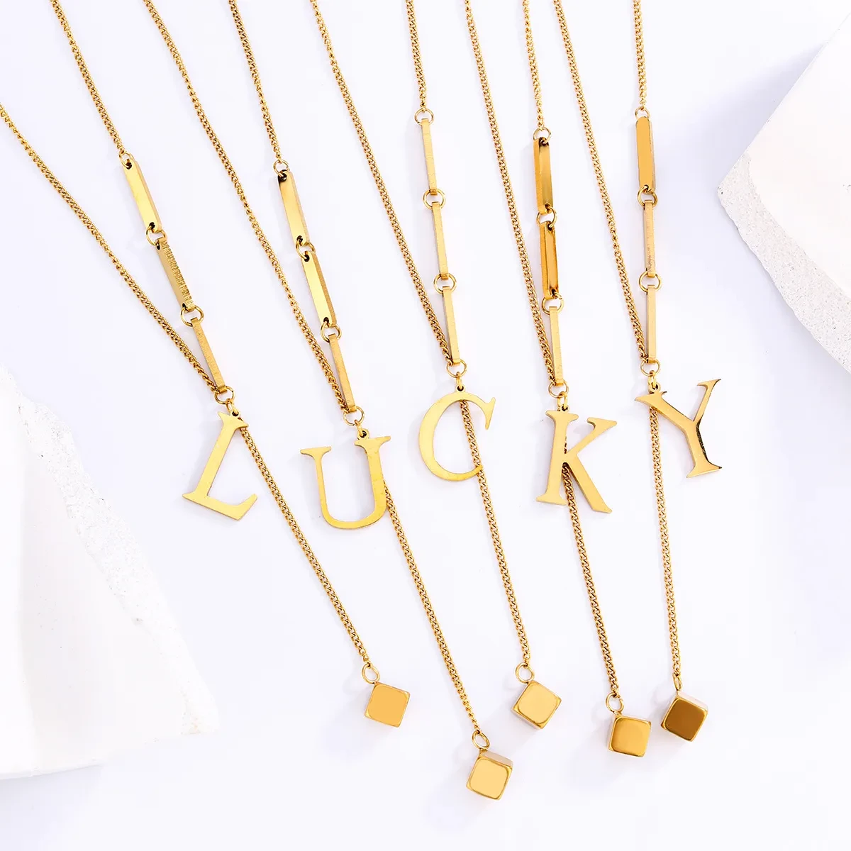 Titanium Steel Tassel 26 Letters Square Pendant Necklace