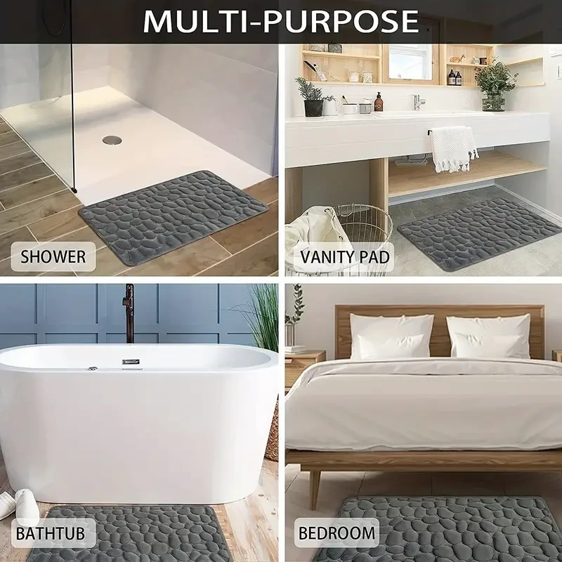 Non-Slip Memory Foam Bath Mat with Cobblestone Pattern Quick Dry, Plush Polyester, Rubber Backing, Machine Washable Rug