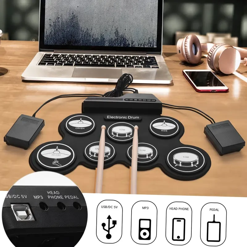 Lixada Compact USB Roll-Up Silicon Drum Set - 7 Drum Pads
