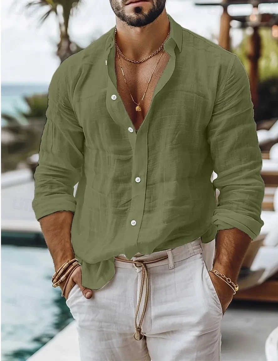 Solid Color Cotton Linen Shirt Casual Style Long Sleeve