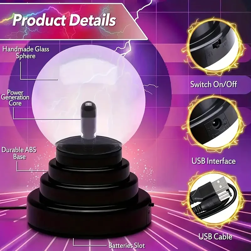1pc Plasma Ball Light, Touch & Sound Activated Lightning Globe