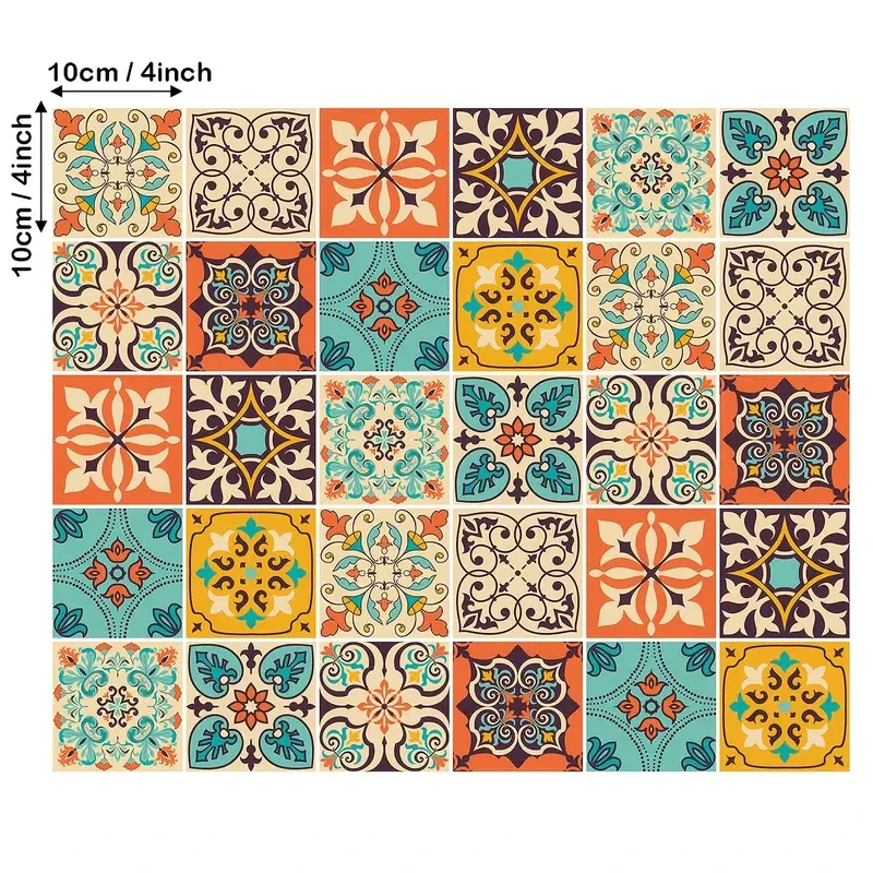 30pcs Waterproof Bohemian Style Tile Self-Adhesive Wall Stickers - Peel And Stick