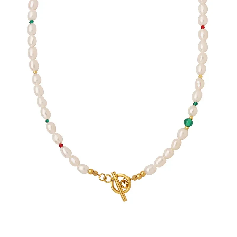 Natural Agate Glass Stone Freshwater Stringed Pearls Necklace