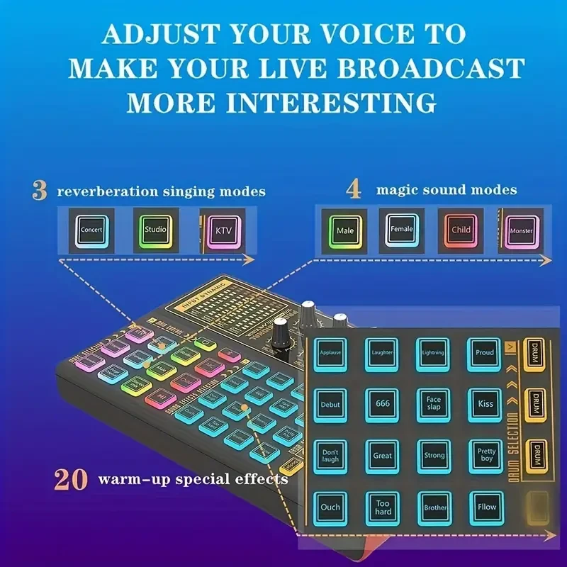 K300 Sound Mixer Board - LED Light Voice Changer with Multiple Sound Effects