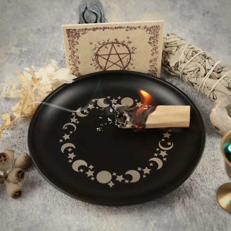 14cm Black Cat Stainless Steel Plate Candlestick Crystal Ritual Meditation