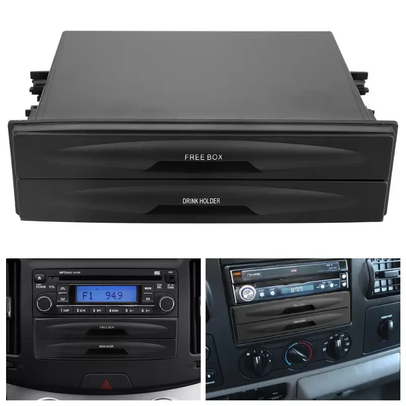 [Black Plastic Car Storage Box]Universal Car Radio Pocket and Drink Holder Organizer Box