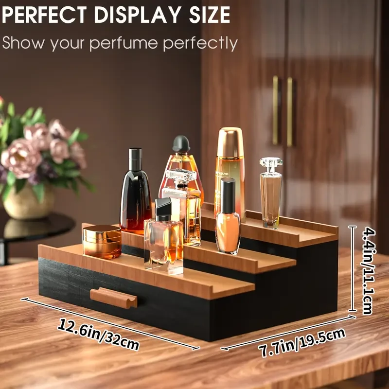 3-Tier Black Walnut Wooden Cologne Organizer with Drawer