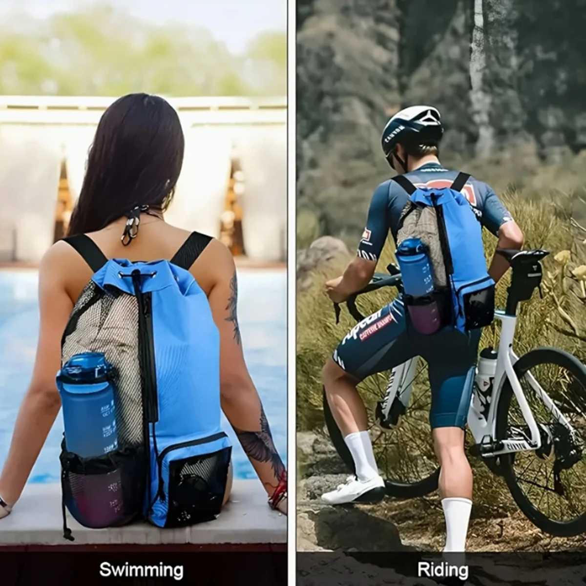 Color: black - Outdoor beach backpack, swimming bag, mesh perforated drawstring backpack with wet bag, gym yoga exercise storage bag, 1 set