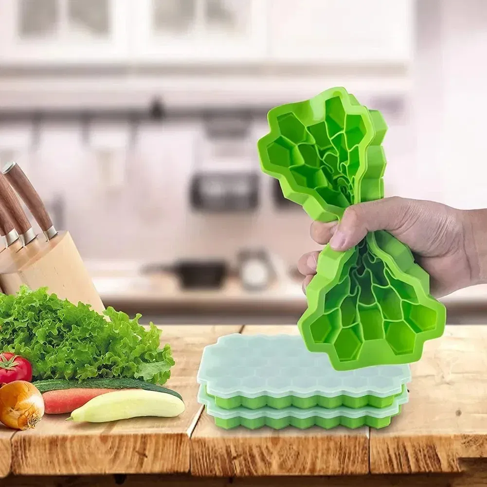 Color: Green - 37 Cavity Honeycomb Ice Cube Trays Reusable Silicone Ice Cube Mold BPA Free Ice Maker with Removable Lids