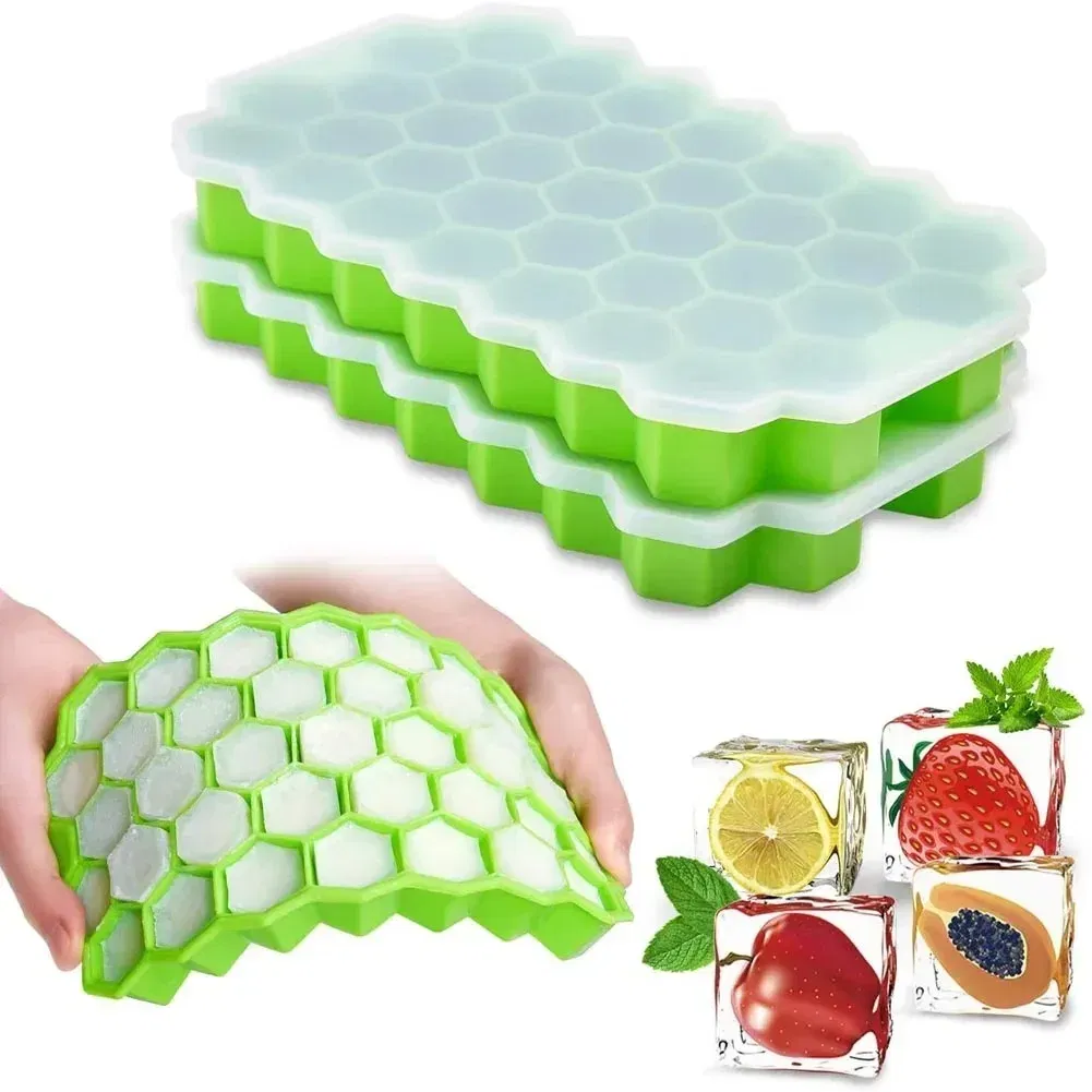Color: Green - 37 Cavity Honeycomb Ice Cube Trays Reusable Silicone Ice Cube Mold BPA Free Ice Maker with Removable Lids