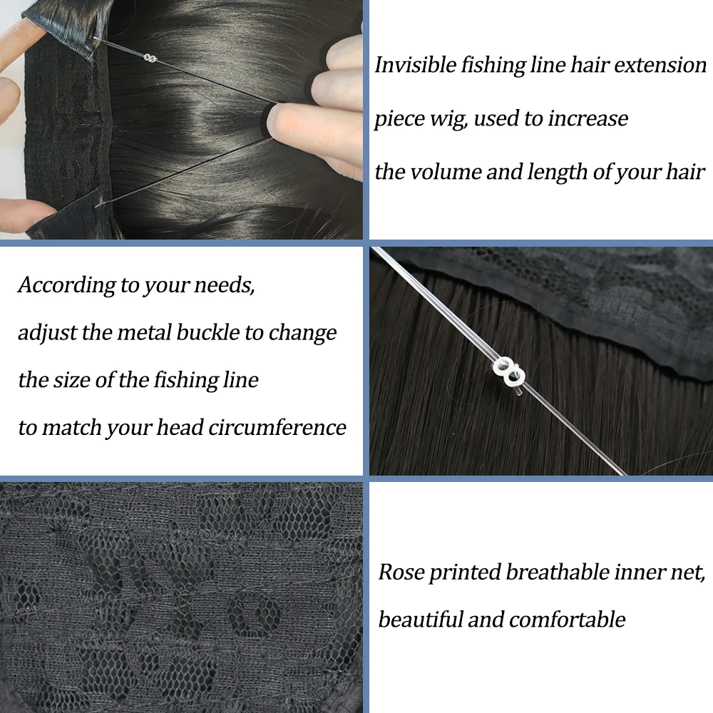 Color: #17, Stretched Length: 16inches, Ships From: CHINA - Synthetic Natural Wavy No Clip Fish Line Invisible Hair Extensions Mixed Color Blonde Black Artificial False Hair Piece ForWomen