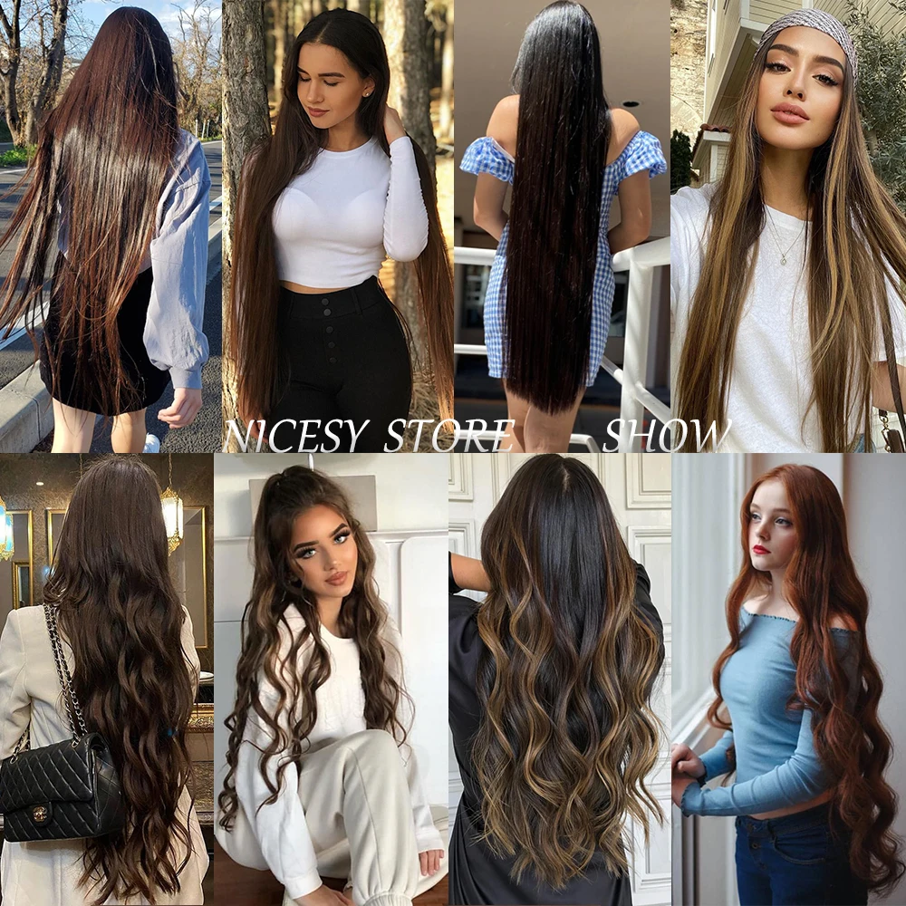 Color: #17, Stretched Length: 16inches, Ships From: CHINA - Synthetic Natural Wavy No Clip Fish Line Invisible Hair Extensions Mixed Color Blonde Black Artificial False Hair Piece ForWomen