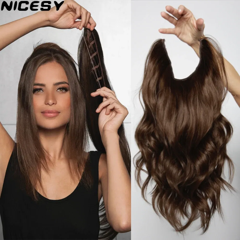 Color: #17, Stretched Length: 16inches, Ships From: CHINA - Synthetic Natural Wavy No Clip Fish Line Invisible Hair Extensions Mixed Color Blonde Black Artificial False Hair Piece ForWomen