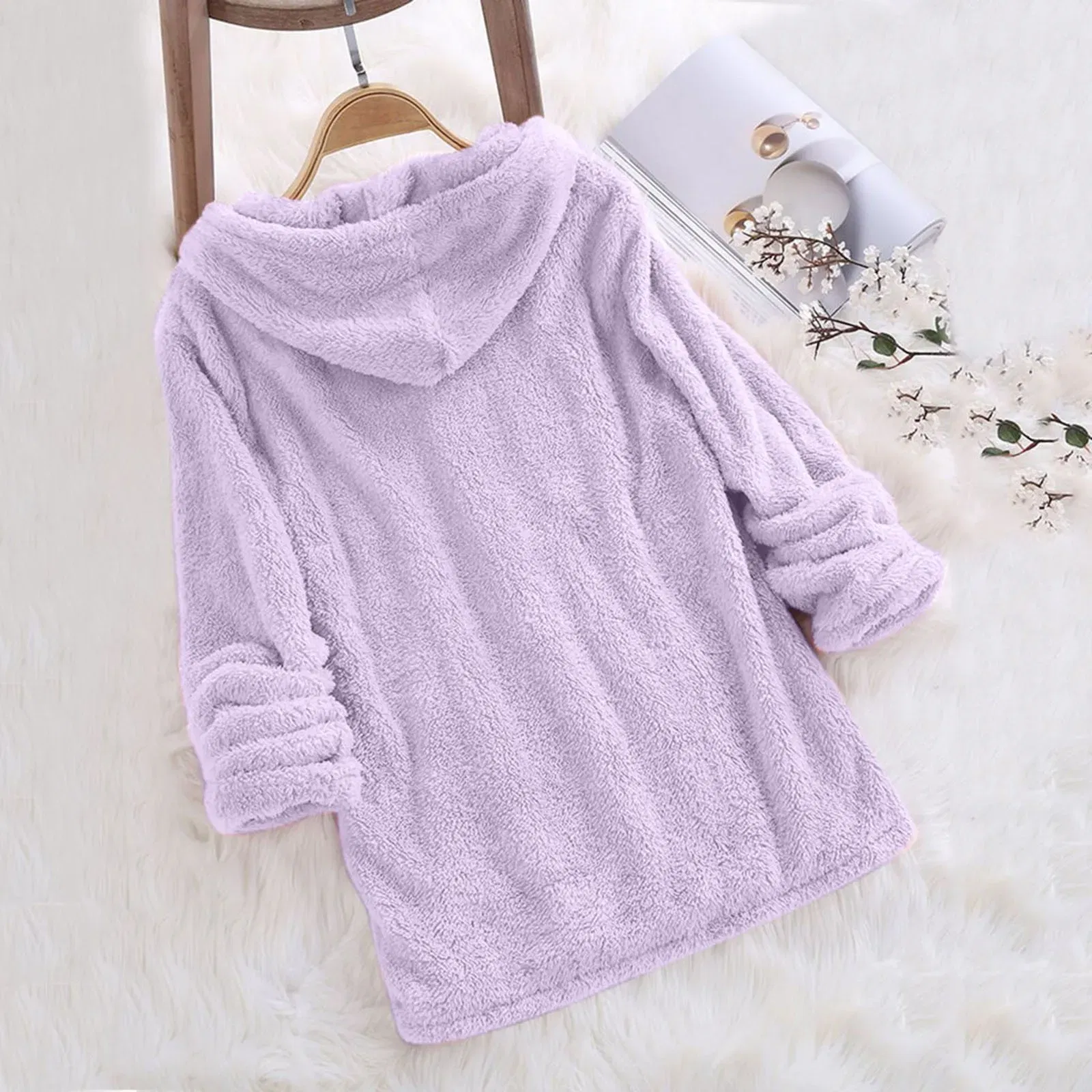 Color: SKY BLUE, Size: S, Ships From: CN - Women's Winter Casual Solid Color Plush Hooded Long Sleeve Pullover Thick Warm Fluffy Sweatshirts Blouse Oversized Loose Tops