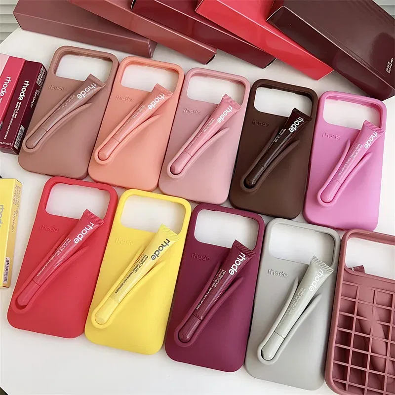 Material: Cotton, Color: Beige, Bundle: Bundle1 - With Lipstick Phone Case for iPhone 17 13 14 15 16 17 Pro Max Plus 12 17 Air Silicone Lip Gloss Holder Hot INS Soft Cover Funda