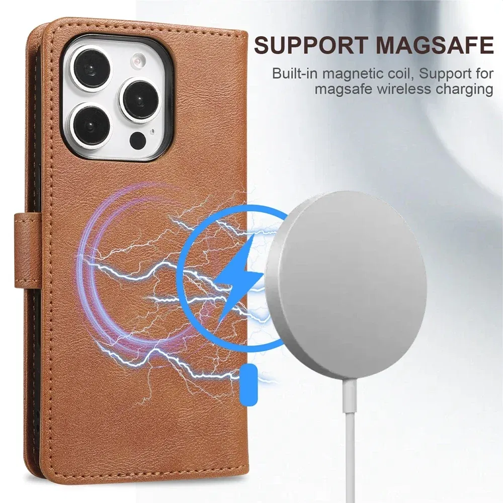 Color: Red, Material: Leather - 2 in 1 MagSafe Wallet Case for IPhone 16 Promax 15 Plus 14 Pro Max 13 12 Iphone16 Magnetic Wireless Charging Phone Cover