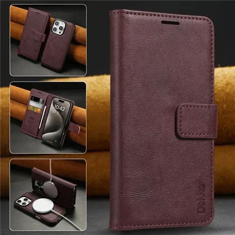 Color: Red, Material: Leather - 2 in 1 MagSafe Wallet Case for IPhone 16 Promax 15 Plus 14 Pro Max 13 12 Iphone16 Magnetic Wireless Charging Phone Cover