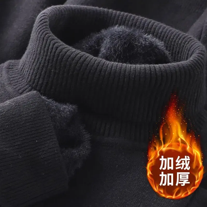 Color: SKY BLUE, Size: 4XL - Autumn Winter Men's Turtleneck Sweater Knitted Velvet Warm Long Sleeve Pullover Outdoor Cold-proof Casual Blouse Base Sweater
