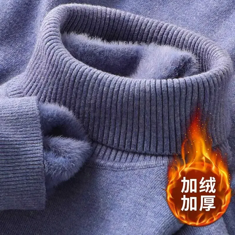 Color: SKY BLUE, Size: 4XL - Autumn Winter Men's Turtleneck Sweater Knitted Velvet Warm Long Sleeve Pullover Outdoor Cold-proof Casual Blouse Base Sweater