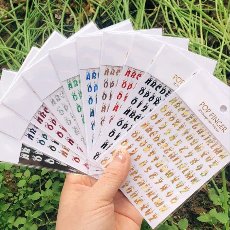 Color: Normal White - 1PCS New English Alphabet Nail Stickers Multi-Color Laser Reflective Nail Slider Art Cool Text Nail Kit