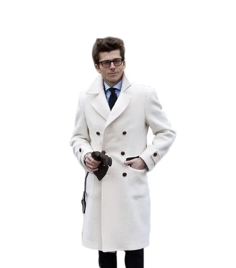 Color: GRAY, Size: 48 - Solid White England Style Woolen Overcoat Men's Thick Plus Double-Breasted Long Coat Casual Winter Fashion Warm Jacket
