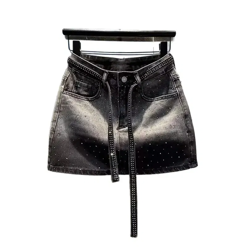 Color: Beige, Size: S - Oversize Retro Diamond Denim Mini Skirt for Women Summer High Waist Shiny Rivet Slim Skirts Gradient Black Grey Jean Skirts