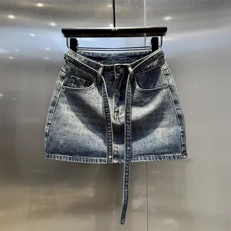 Color: Beige, Size: S - Oversize Retro Diamond Denim Mini Skirt for Women Summer High Waist Shiny Rivet Slim Skirts Gradient Black Grey Jean Skirts