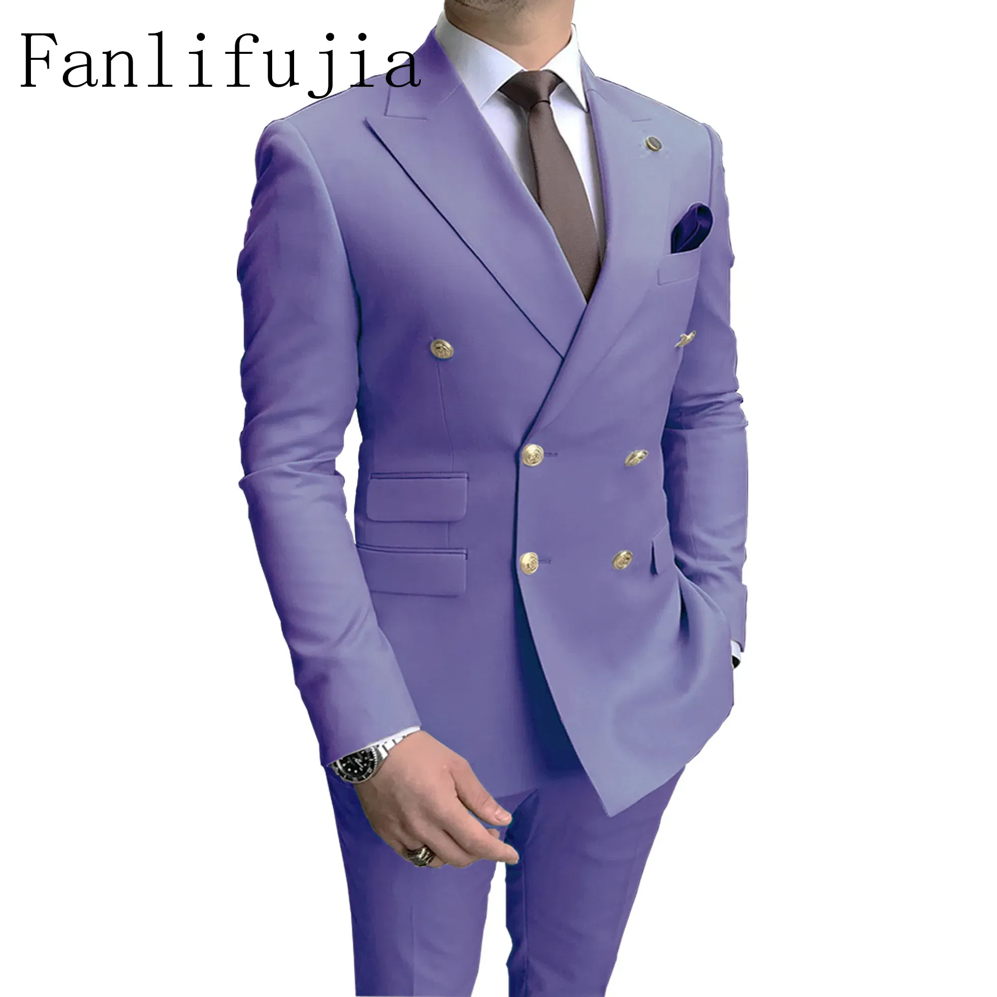 Color: Lavender, Size: XL - Fanlifujia Store 2024 Casual Sky Blue Men Suits Double Brested Peak Lapel Gold Button Groom Wedding Tuxedos Best Costume Homme
