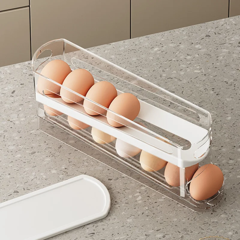 Color: Clear - Bilayer Fridge Egg Storage Box Automatic Rolling Eggs Holder Rack Ladder Style Refrigerator Eggs Dispenser Egg Organizers Holder