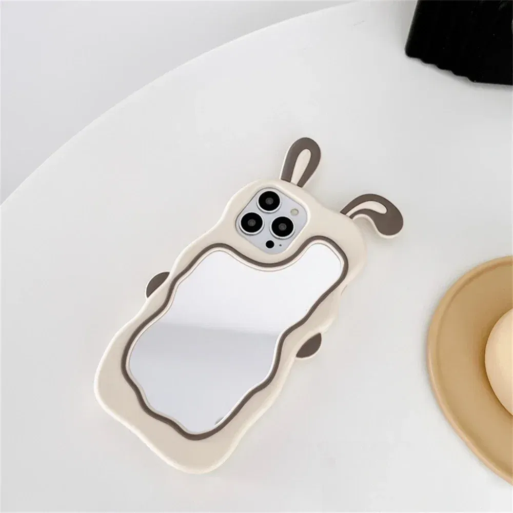 Color: Beige, Material: Denim - Cute Bunny Ears Mirror Phone Case For iPhone 15 14 Plus 13 12 11 Pro Max Shockproof Silicone Case