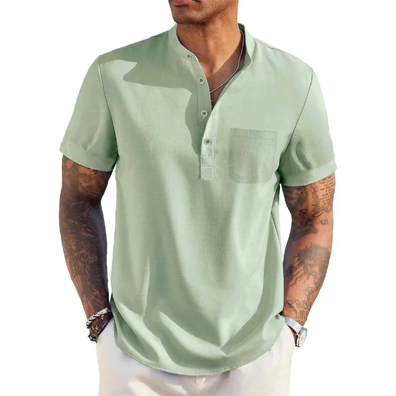 Color: green, Size: XXXL - Summer Men's Cotton Linen T-Shirt Henley Neck Pocket Casual Lightweight Breathable Beach Shirt Solid Color Basic Style Tops