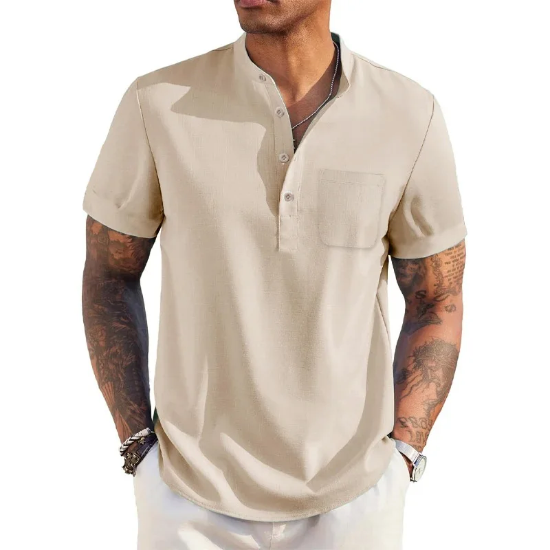 Color: green, Size: XXXL - Summer Men's Cotton Linen T-Shirt Henley Neck Pocket Casual Lightweight Breathable Beach Shirt Solid Color Basic Style Tops