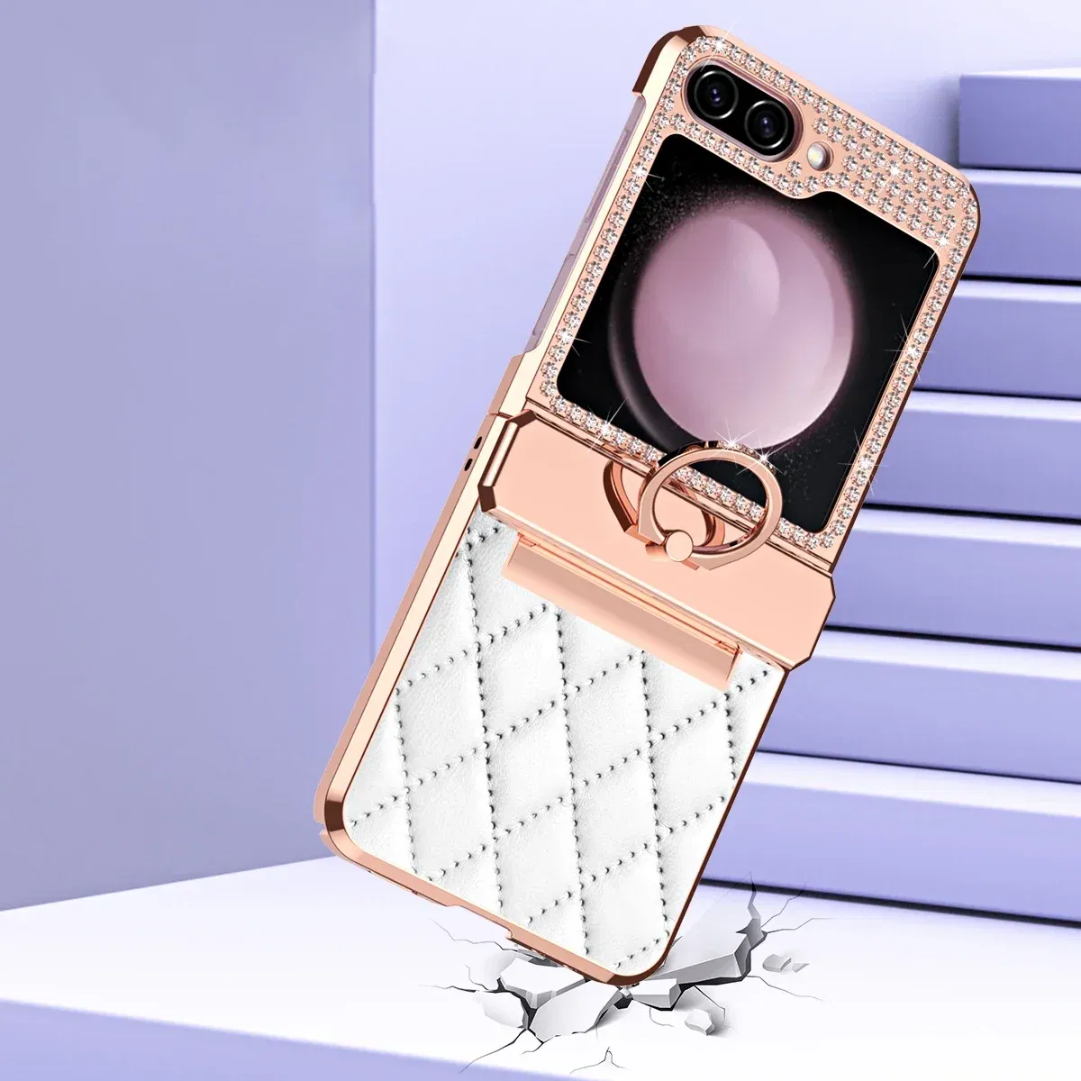 Color: Gold, Material: Canvas - Diamonds Leather Plating Ring Holder Case For Samsung Galaxy Z Flip 5 4 3 5G Shockproof Hinge Protection Cover For Z Flip5