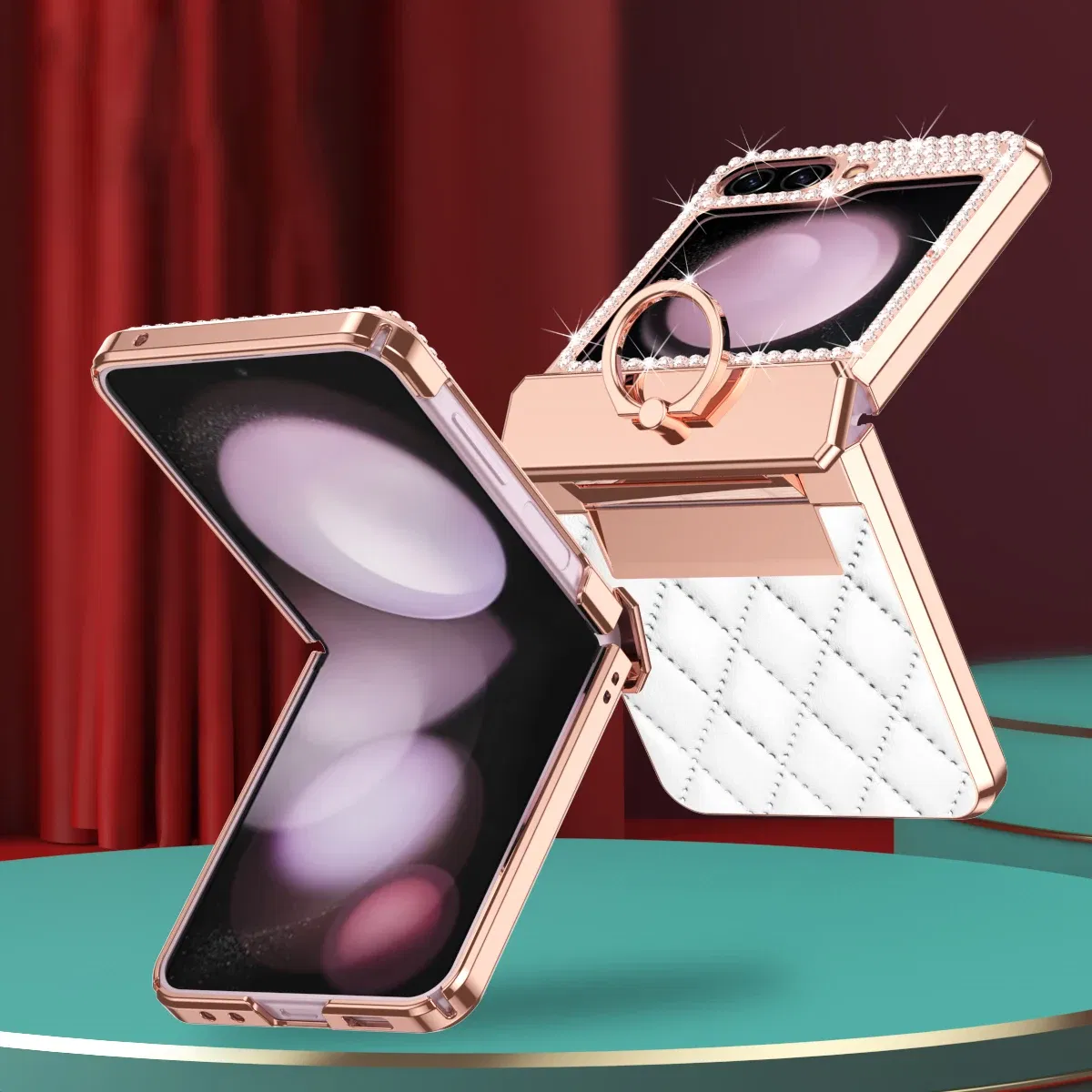 Color: Gold, Material: Canvas - Diamonds Leather Plating Ring Holder Case For Samsung Galaxy Z Flip 5 4 3 5G Shockproof Hinge Protection Cover For Z Flip5