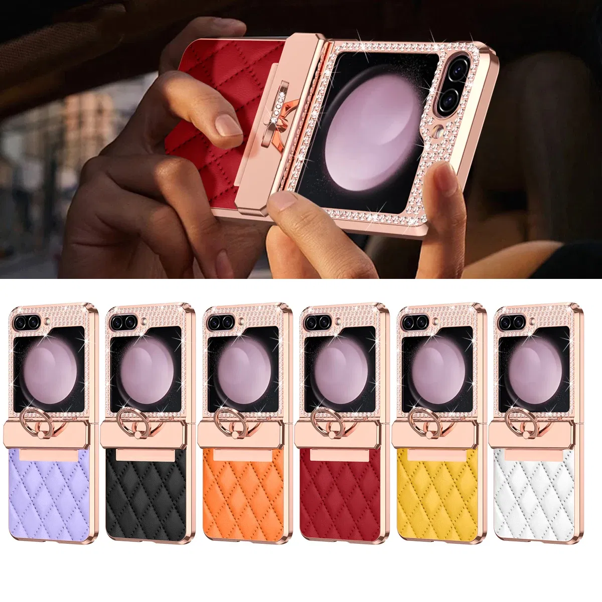 Color: Gold, Material: Canvas - Diamonds Leather Plating Ring Holder Case For Samsung Galaxy Z Flip 5 4 3 5G Shockproof Hinge Protection Cover For Z Flip5