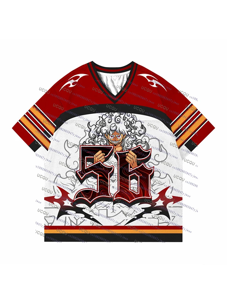 Color: Red, Size: 10cm - 2025 Japanese Anime Football Jersey One Piece Luffy Men/Women Oversize Summer Quick Dry Sport Breathable Bandai Cosplay Tshirt