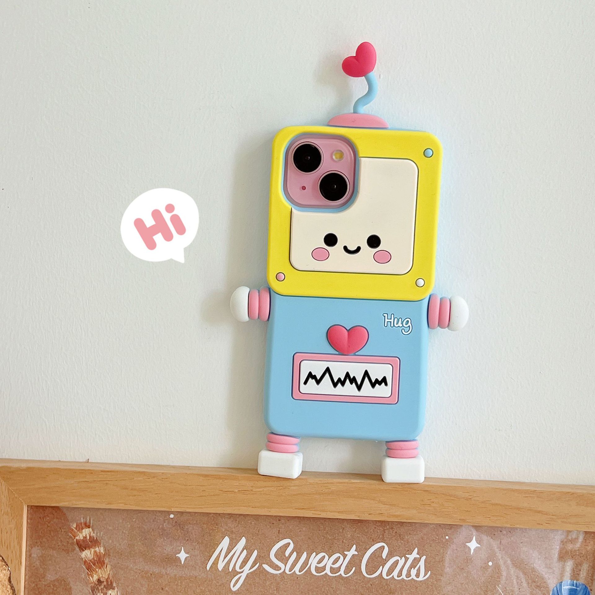 Material: Canvas, Color: Beige - New Cartoon Love Antenna Robot Phone Case For iPhone 15 14 13 12 Pro Max 11 Drop Resistant Case Card